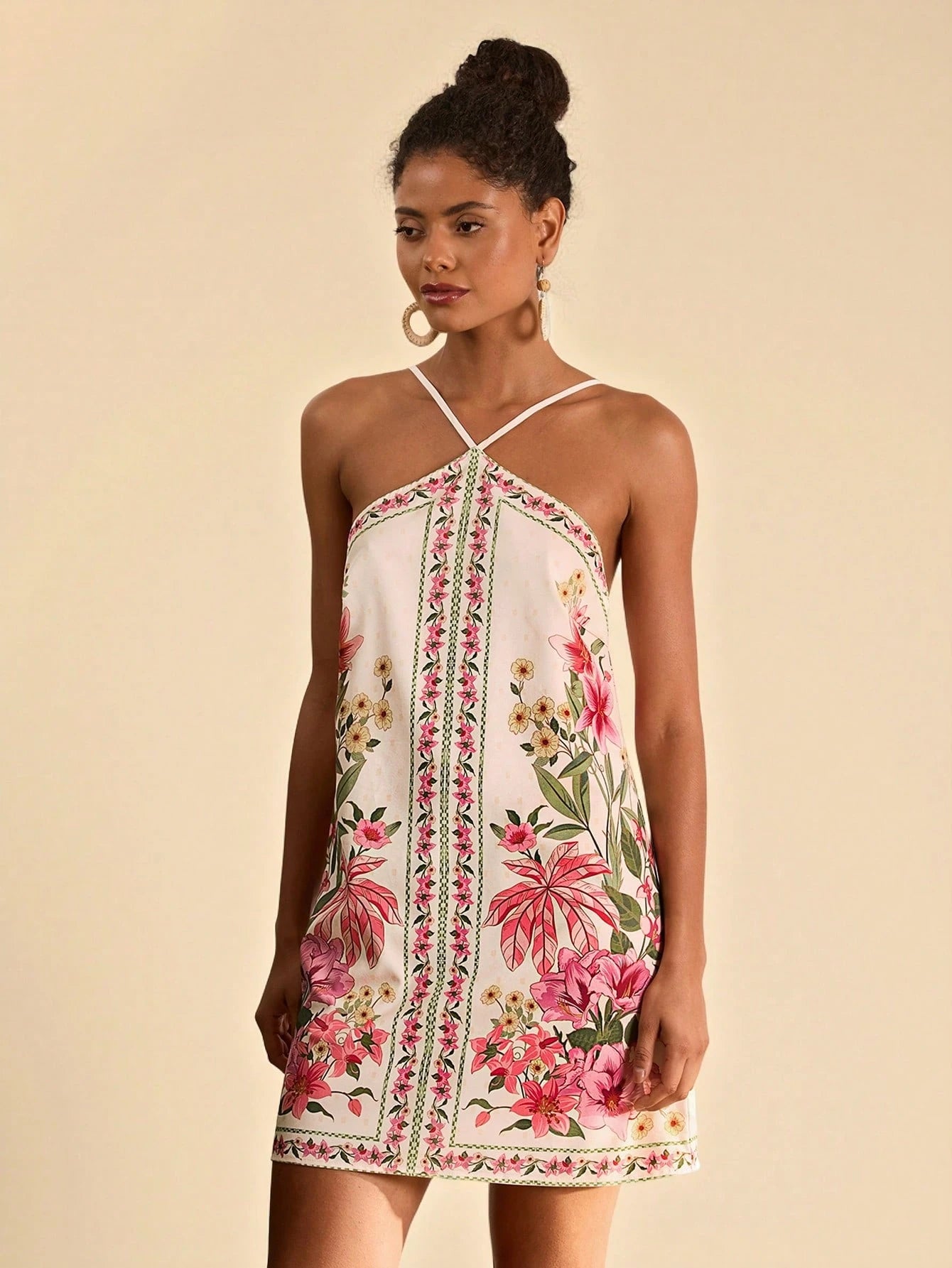 Travachic Flower Print Backless Halter Mini Dress, Casual Resort Style, Bohemian Clothes