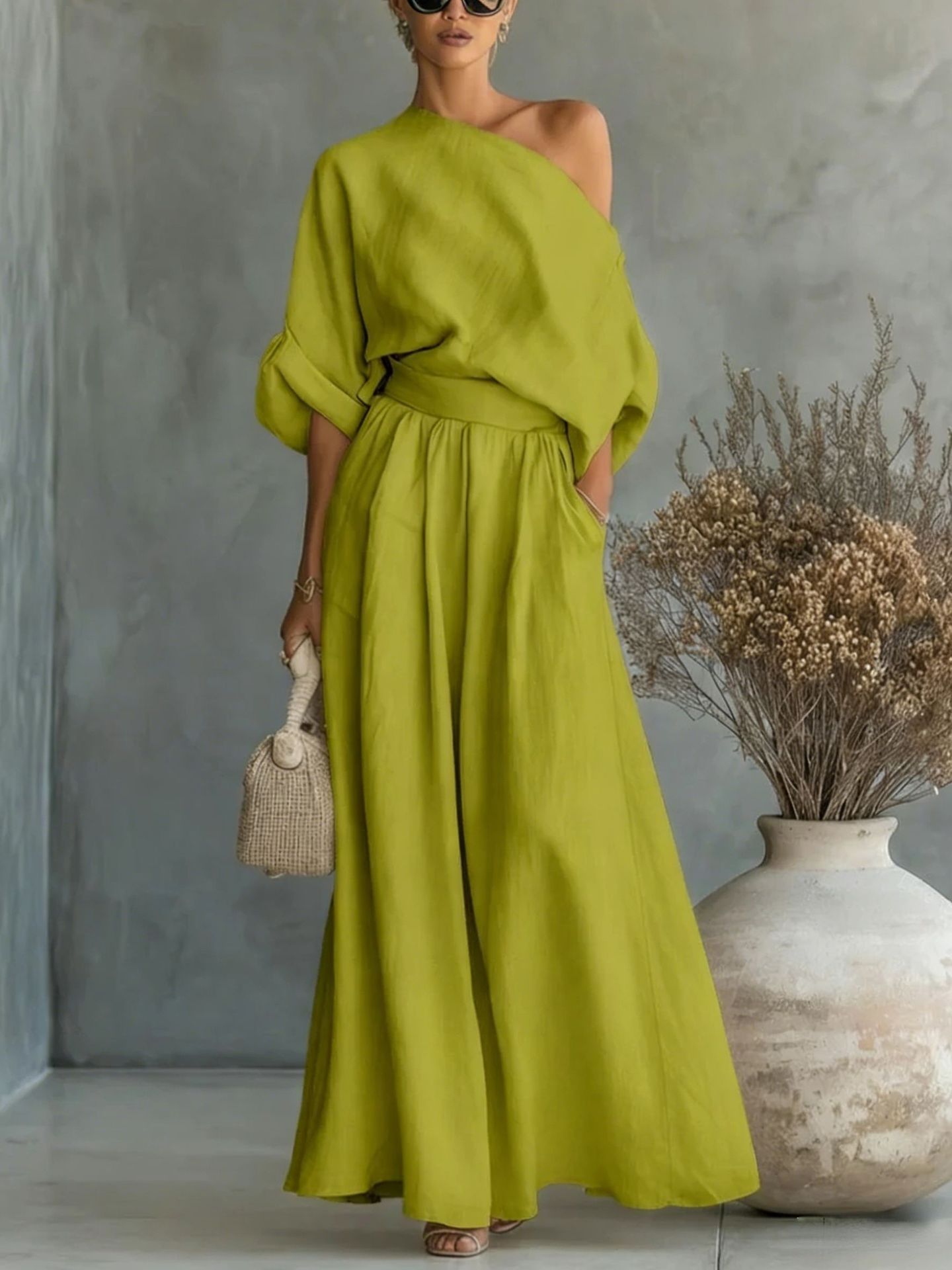 Women's Off-Shoulder Cropped Top and Pants Two-Piece Set