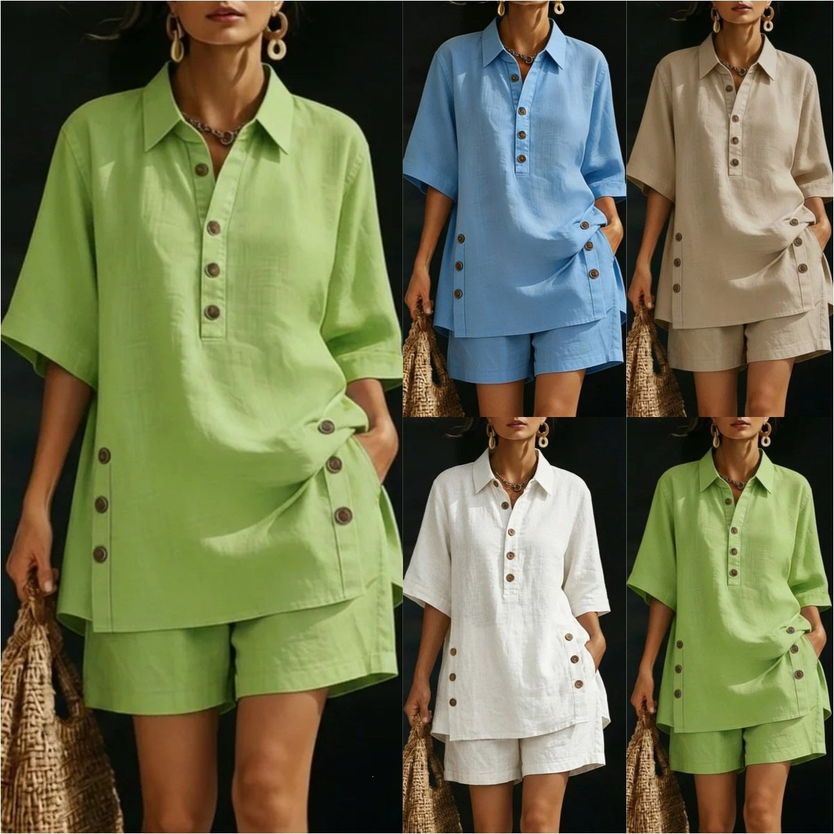 Women's Short Sleeve Shirt and Relaxed Cropped Pants Two-Piece Set