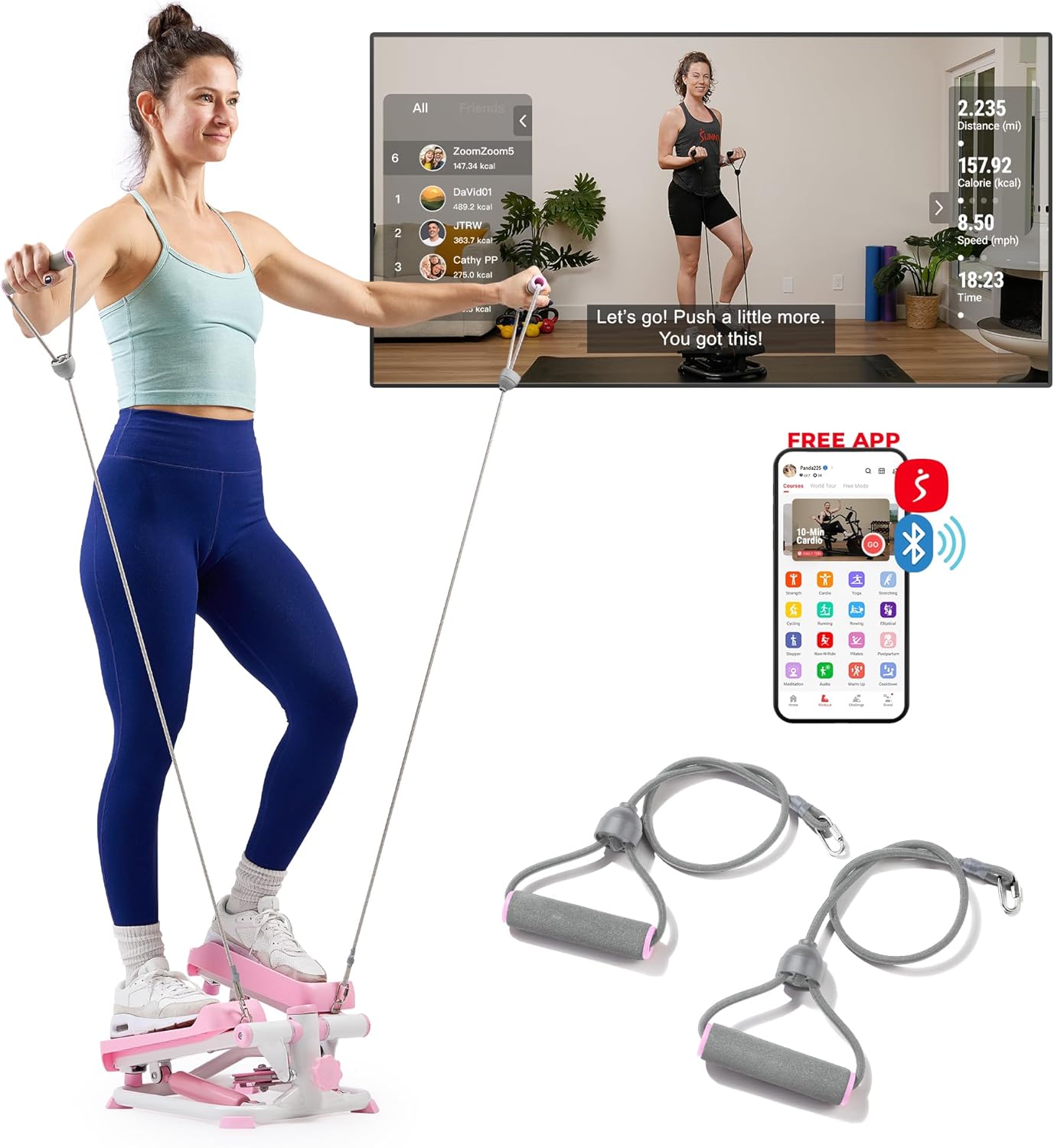 Mini Stepper for Exercise at Home, Stair Step Workout Machine with Resistance Band and over 300Lb Weight Capacity, Optional Twist Motion and Free Sunnyfit App Connection
