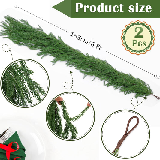 2 Pcs 6 Ft Artificial Norfolk Pine Garlands, Real Touch Winter Pine Garland, Green Artificial Greenery Garland for Table, Mantle, Wall, Indoor, Outdoor Christmas Decorations (2, 6 FT)