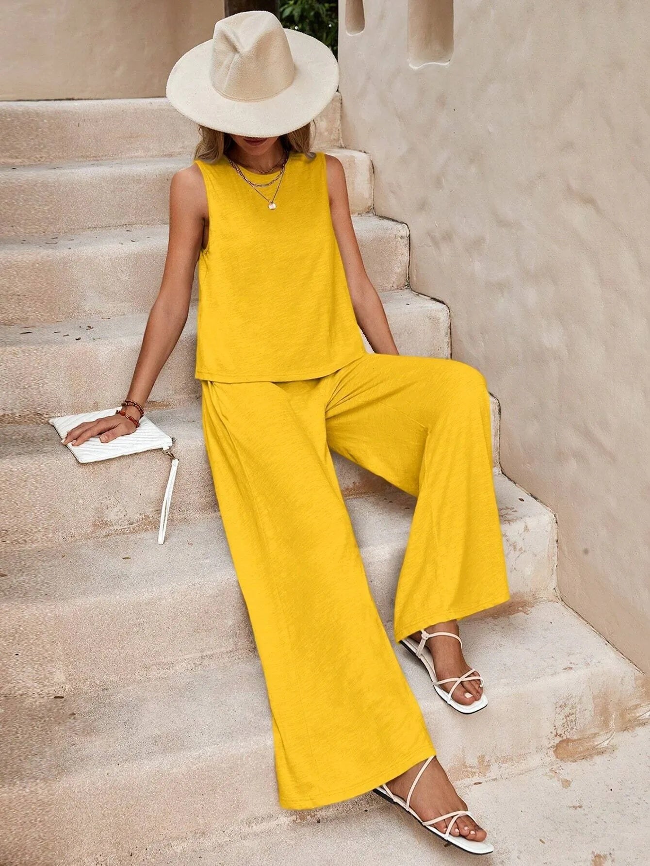 Women Solid Color Two Piece Set Loose Top and Full Length Pants