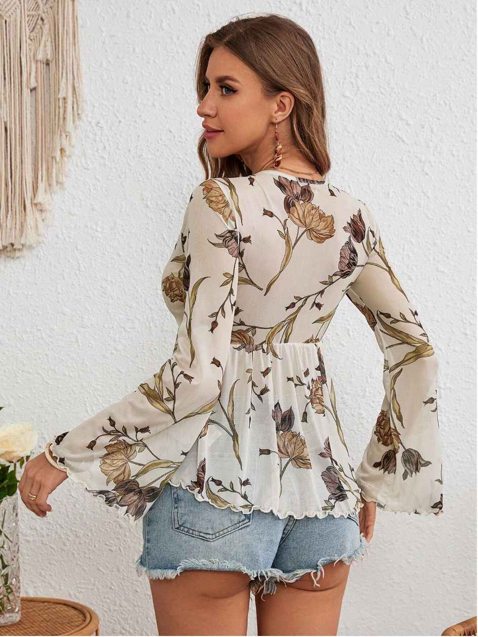 Holiday Paisley Print Tie Front Ruffle Hem Women's Summer Shirt