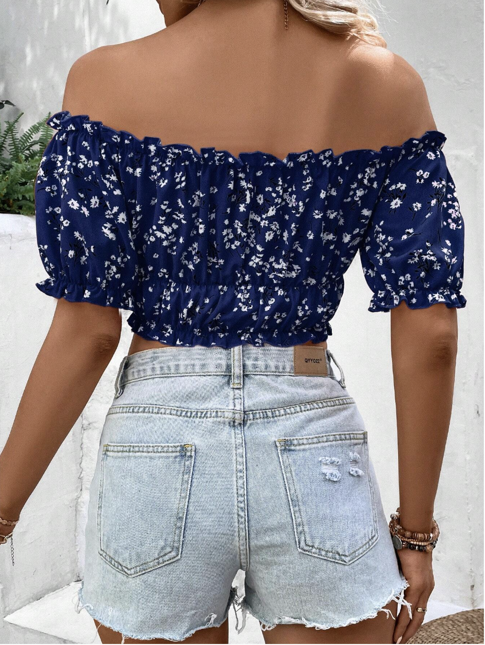 Women's Off Shoulder Short Sleeve Bow-Tied Floral Print Casual Top
