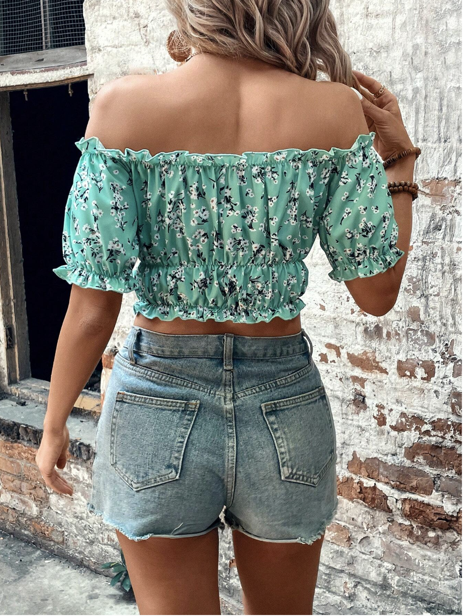 Women's Off Shoulder Short Sleeve Bow-Tied Floral Print Casual Top