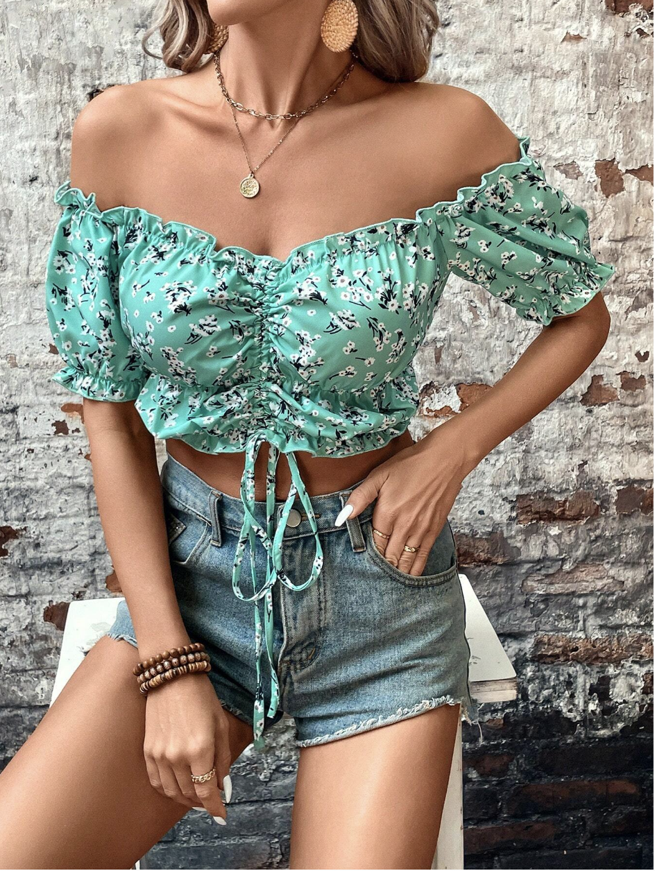 Women's Off Shoulder Short Sleeve Bow-Tied Floral Print Casual Top