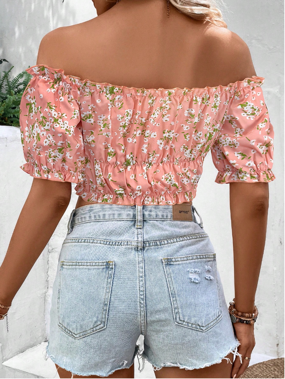 Women's Off Shoulder Short Sleeve Bow-Tied Floral Print Casual Top