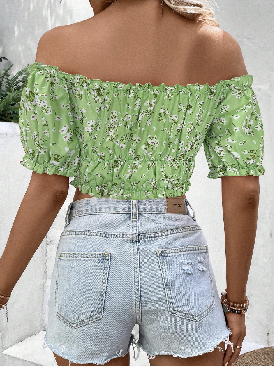 Women's Off Shoulder Short Sleeve Bow-Tied Floral Print Casual Top