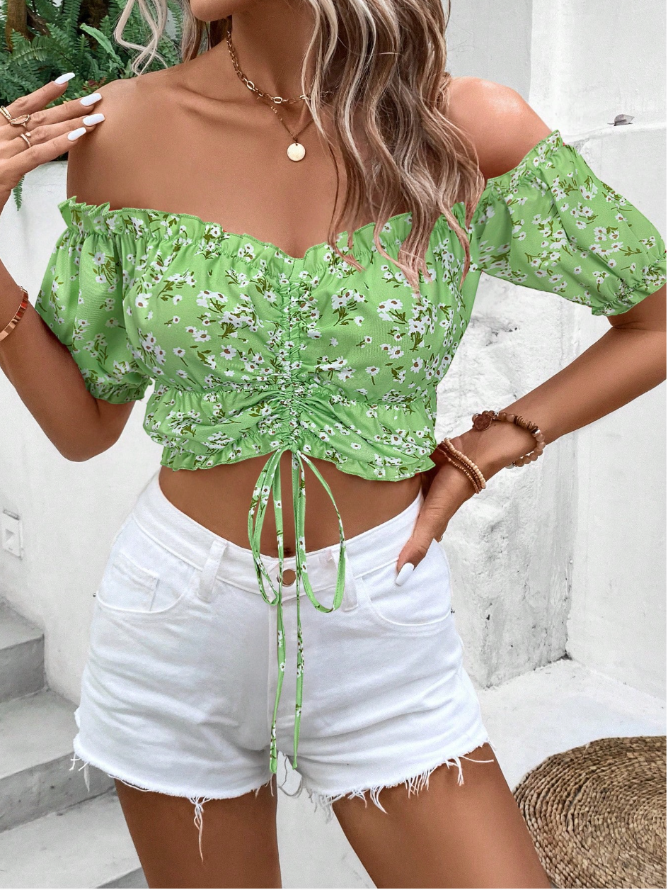 Women's Off Shoulder Short Sleeve Bow-Tied Floral Print Casual Top