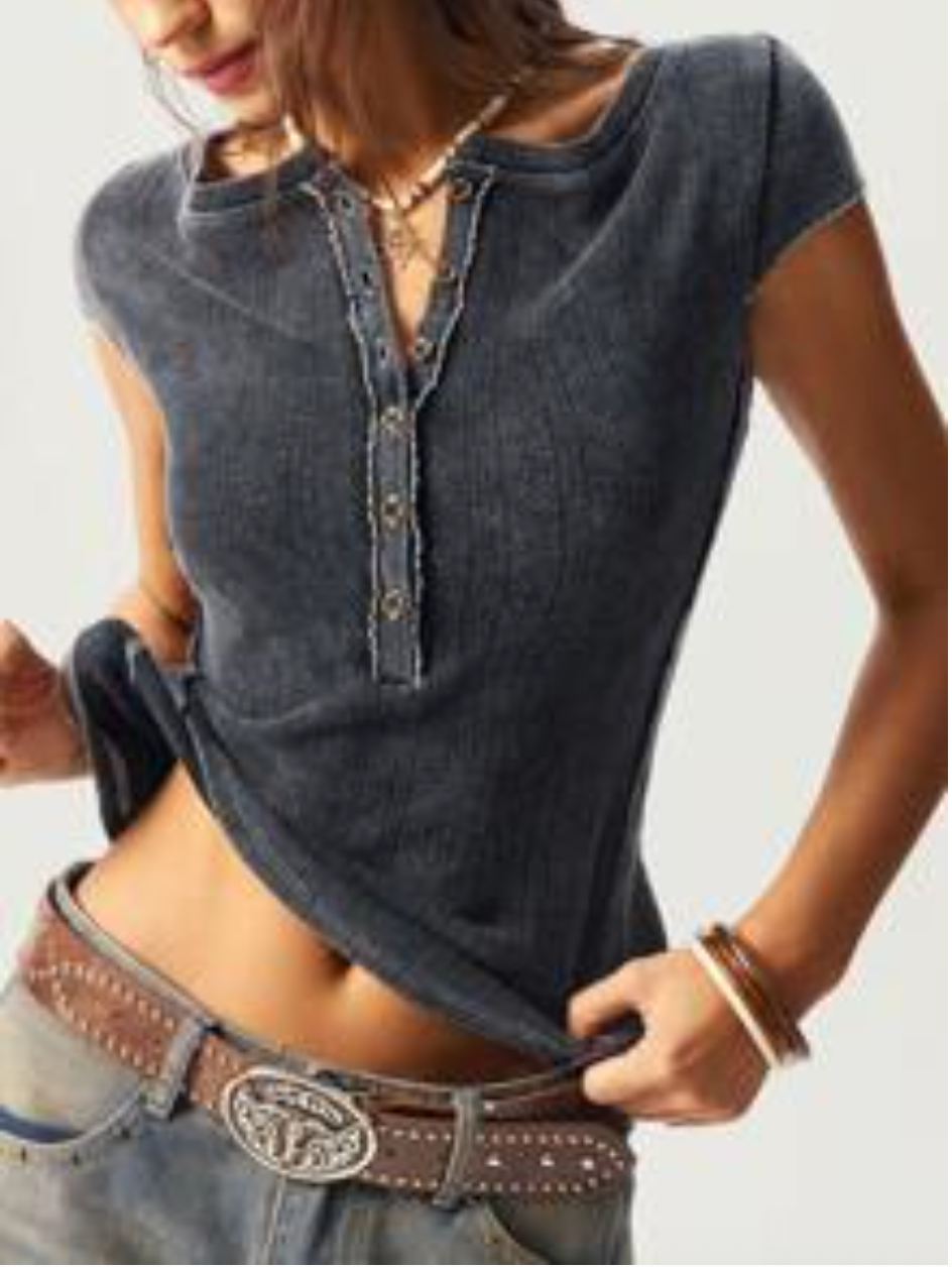 Women's Fitted Washed Denim V-Neck Short Sleeve Top, Casual Knit Fabric