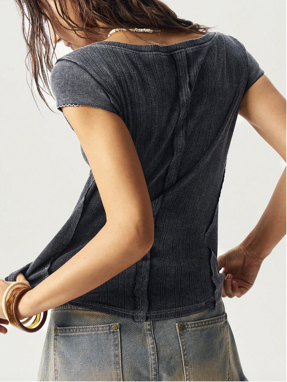 Women's Fitted Washed Denim V-Neck Short Sleeve Top, Casual Knit Fabric