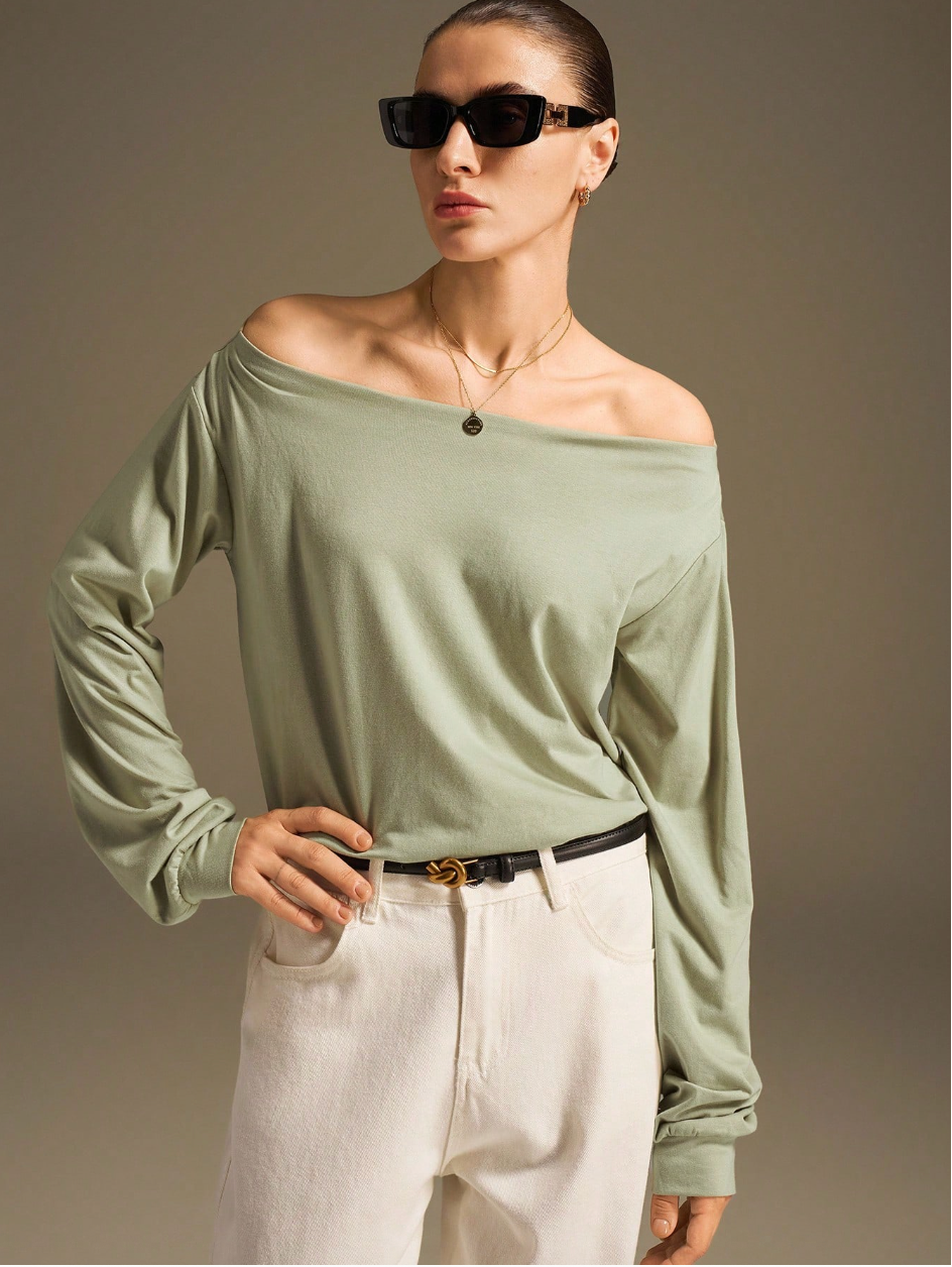 2025 New Arrival Women’s Loose Fit Green Knit Batwing Sleeve Blouse – Modern Urban Style for Business Casual, Commuting & Daily Wear