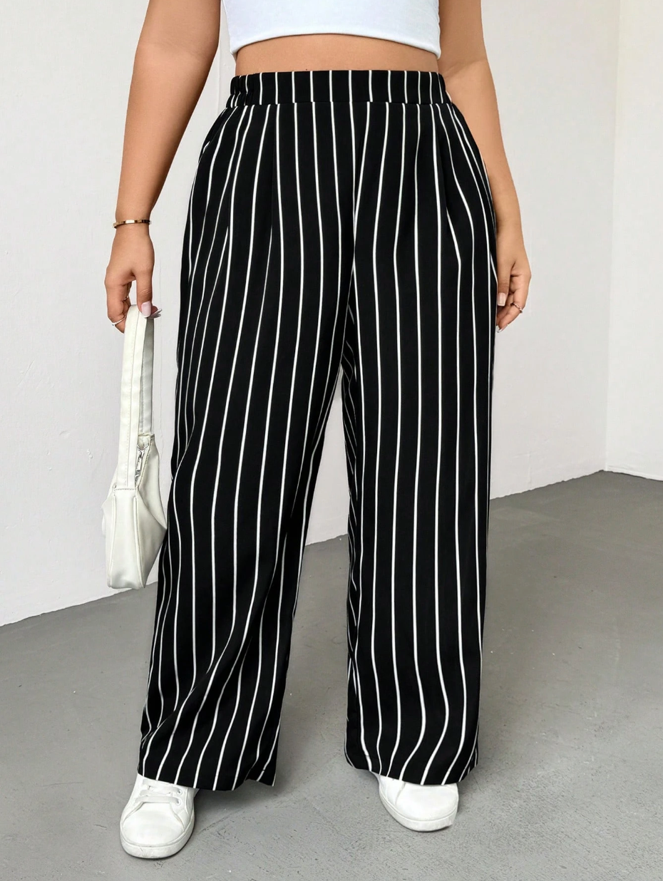 PETITE CURVE Plus Size Striped Wide-Leg Pants – Elastic Waist, Lightweight Office & Casual Wear
