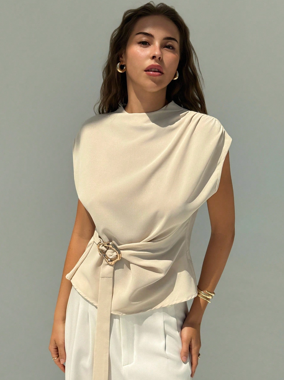 Minimalist Apricot Blouse with Capped Sleeves, Cinched Waist & Metal Detail – Women’s Office Wear