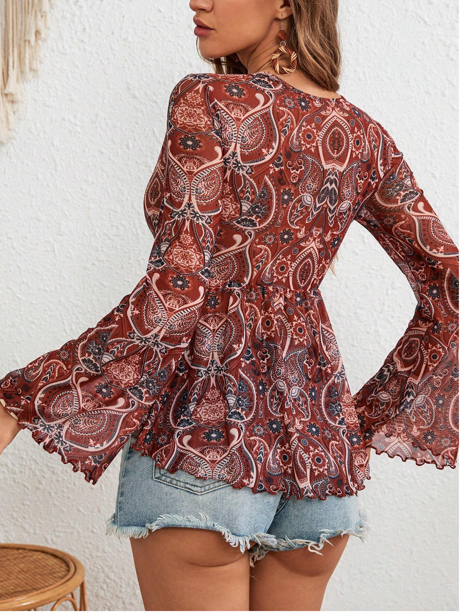 Holiday Paisley Print Tie Front Ruffle Hem Women's Summer Shirt