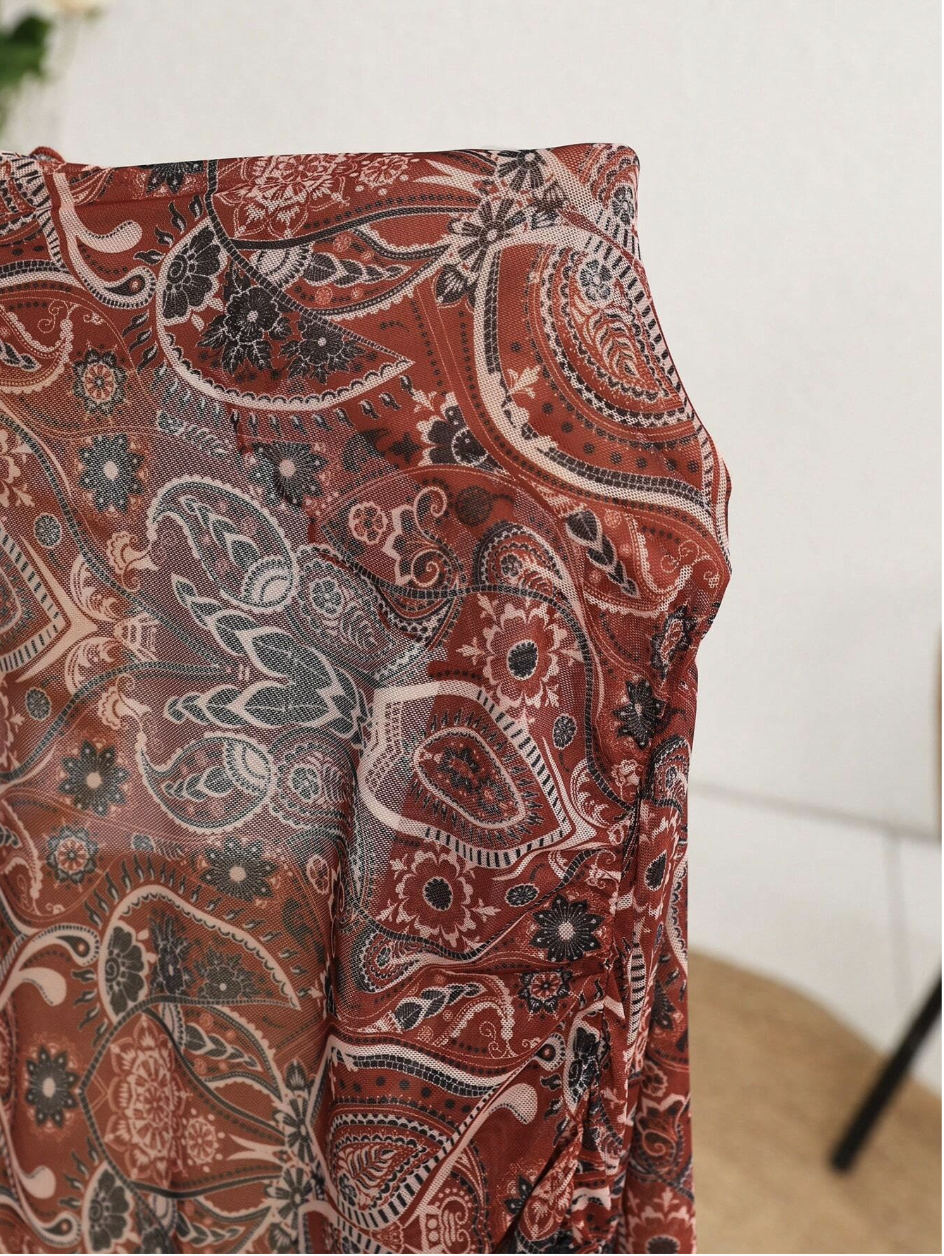Holiday Paisley Print Tie Front Ruffle Hem Women's Summer Shirt