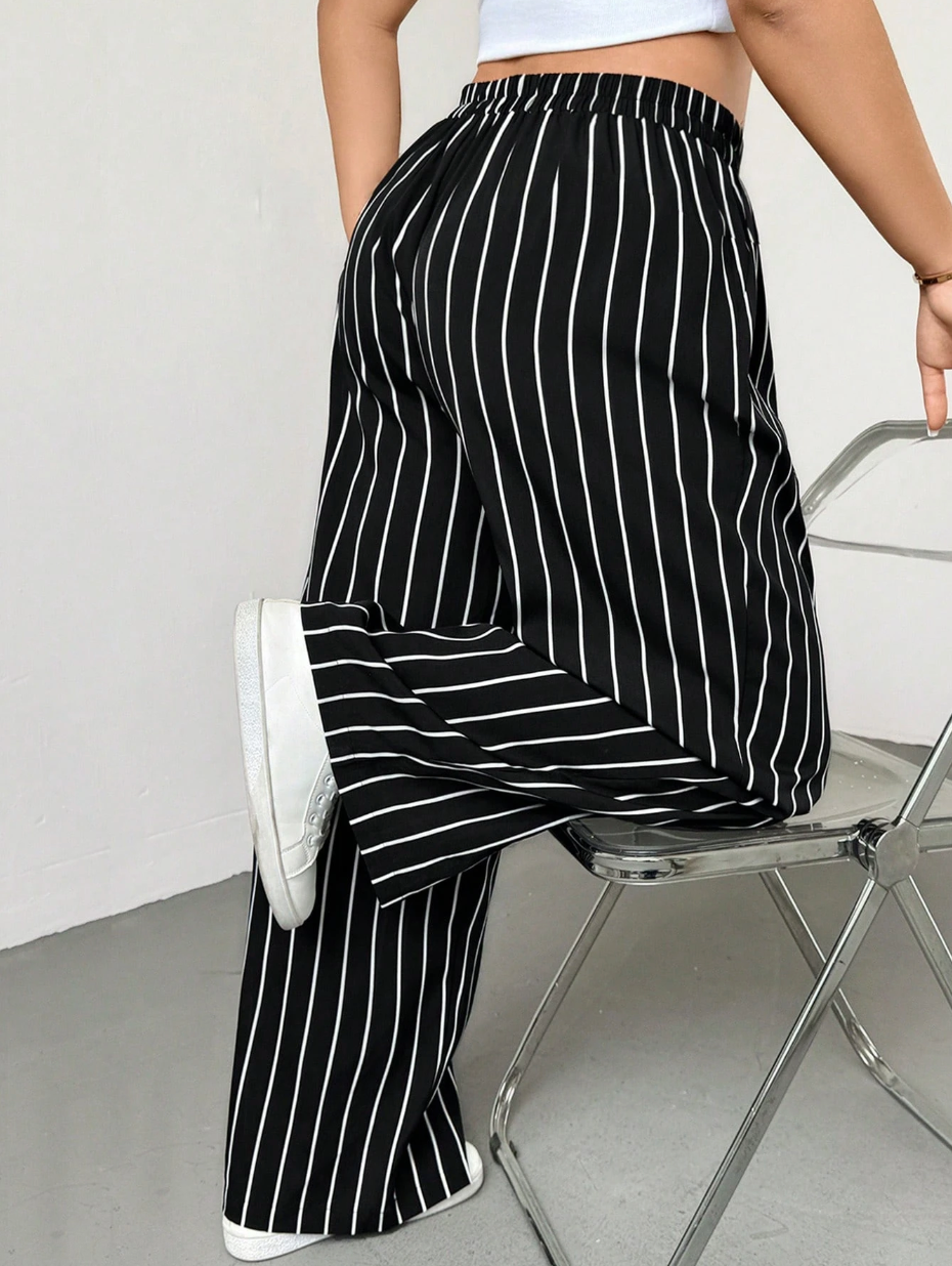 PETITE CURVE Plus Size Striped Wide-Leg Pants – Elastic Waist, Lightweight Office & Casual Wear