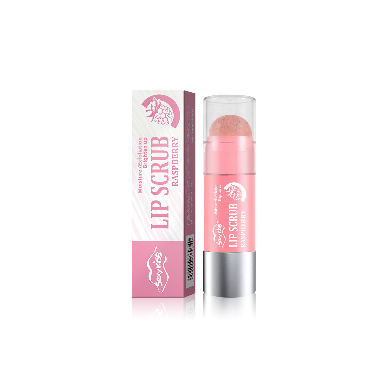 Pink lip scrub with packaging on a white background