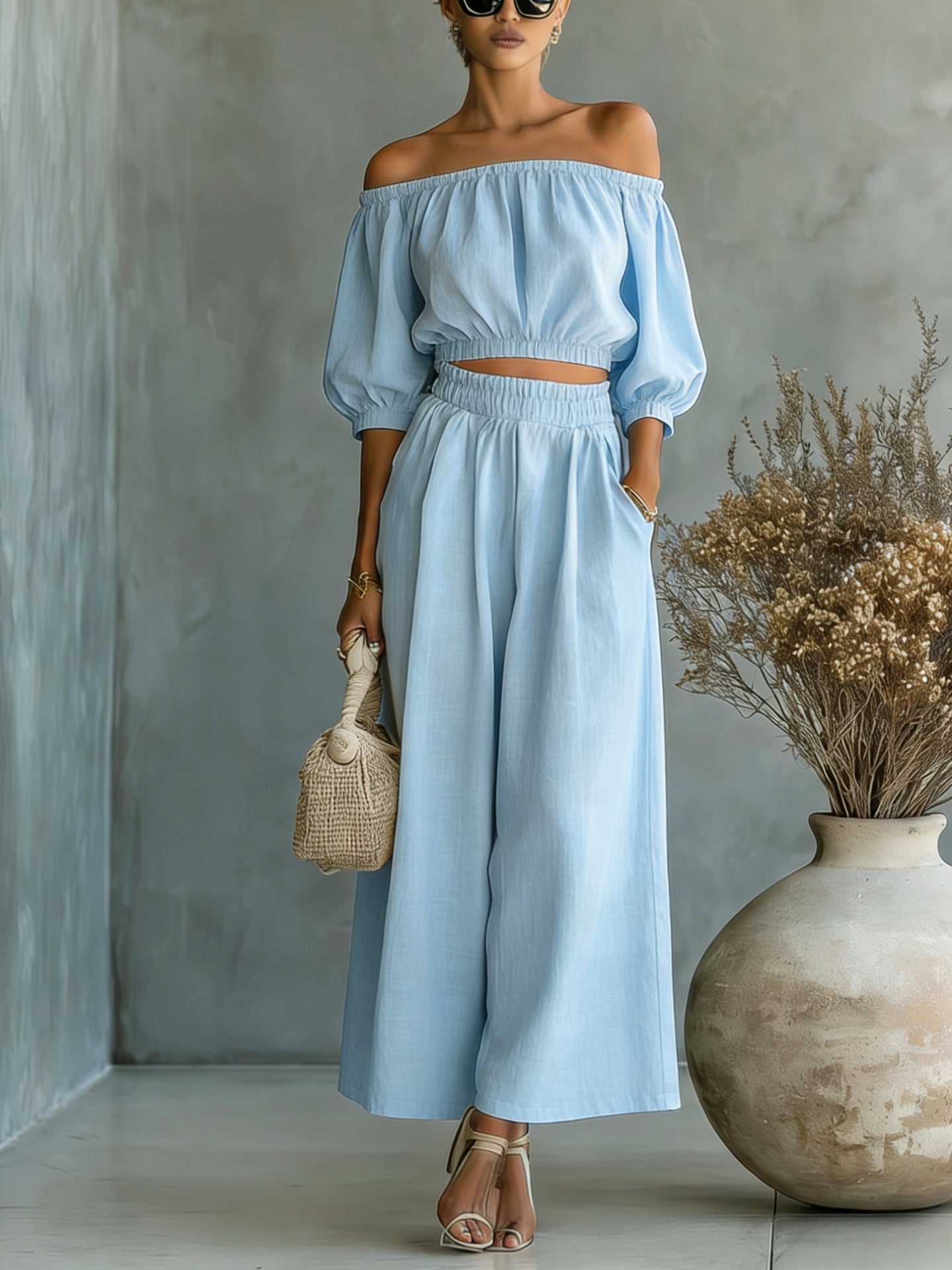 Women Cotton Linen Top and High Waist Wide Leg Pants Set