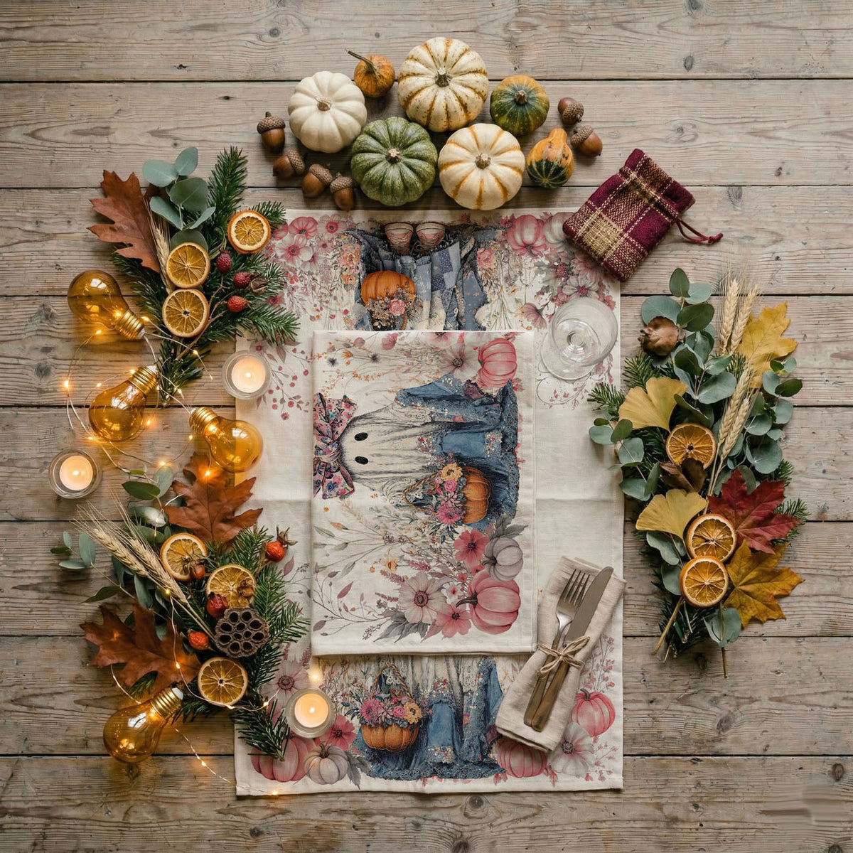 Floral Ghost Halloween Flour Sack Kitchen Towel
