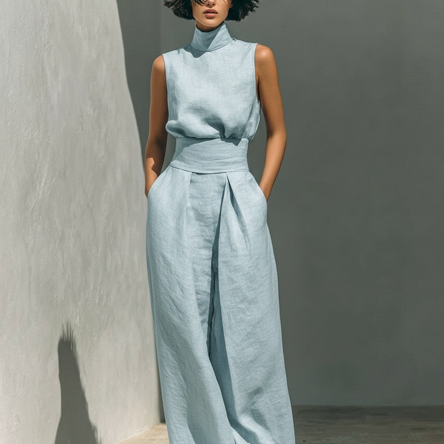 Women Cotton Linen Sleeveless Top and Wide Leg Pants Set