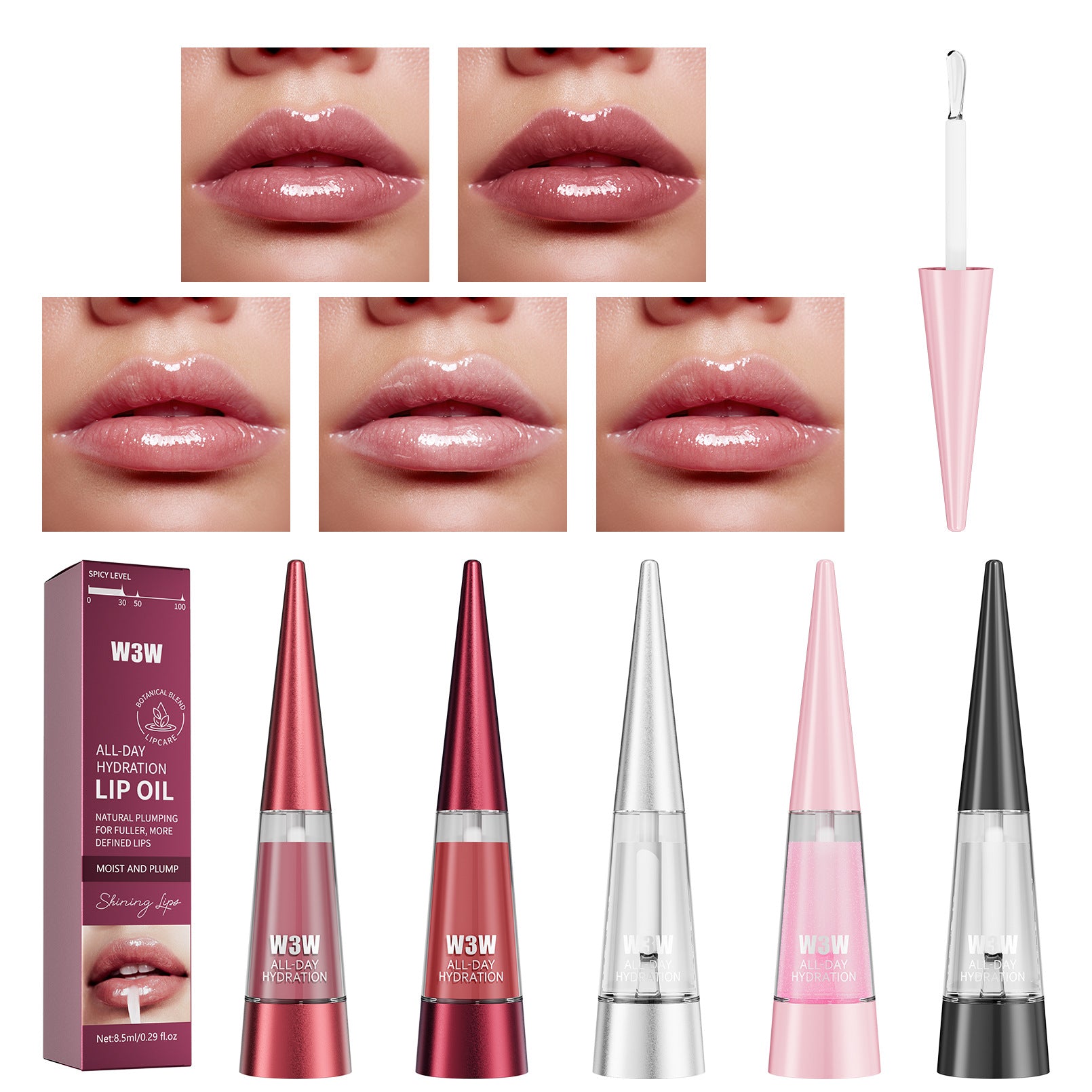 W3W lip oil product with close-up shots of lips wearing the product, packaging, and different color options.