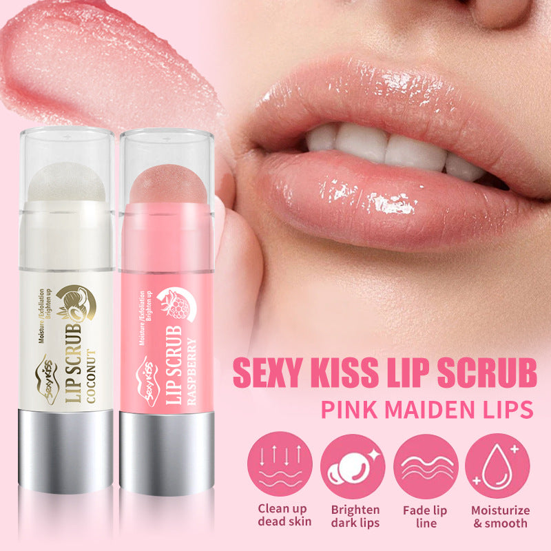 Two lip scrubs with a close-up of lips and text on a pink background