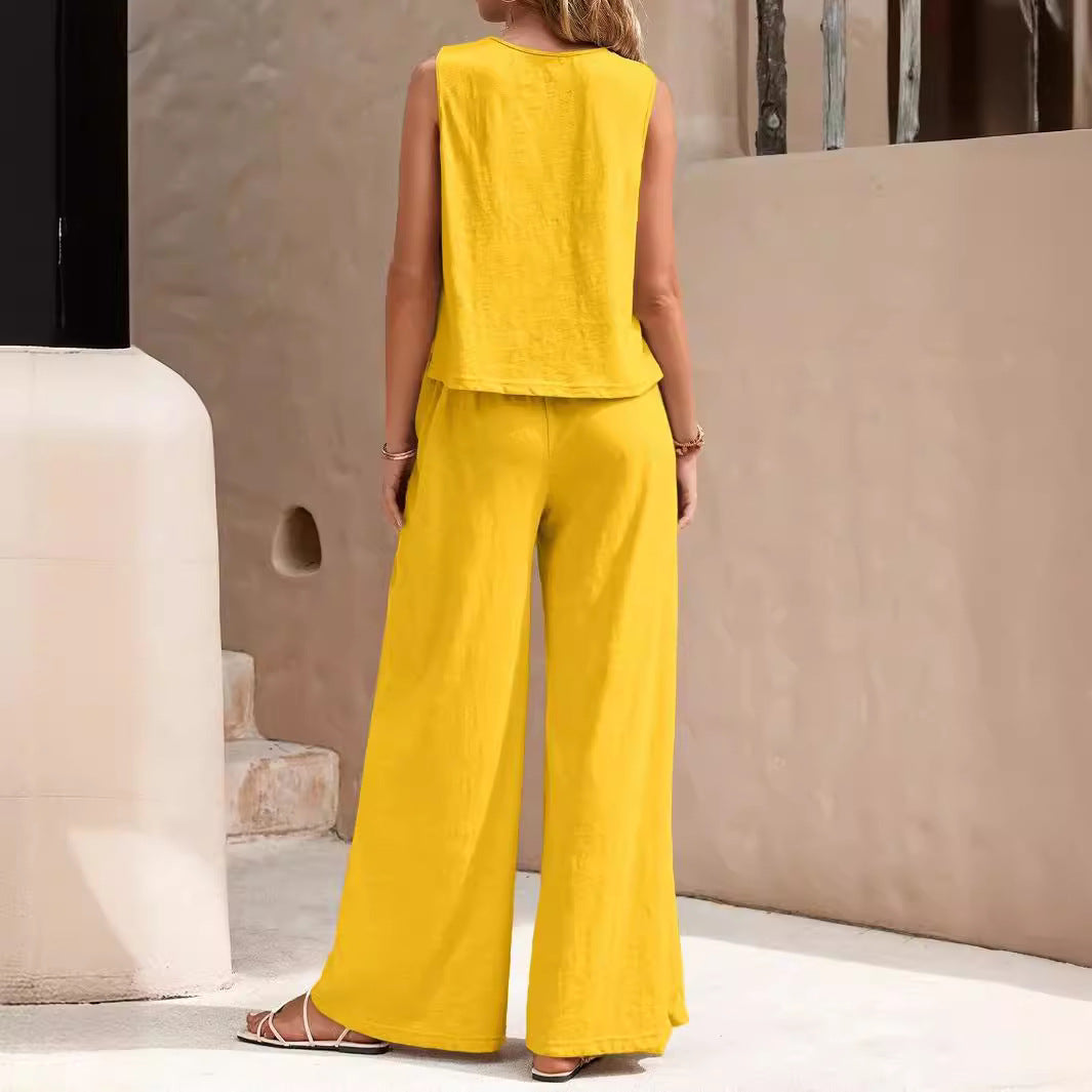Women Solid Color Two Piece Set Loose Top and Full Length Pants