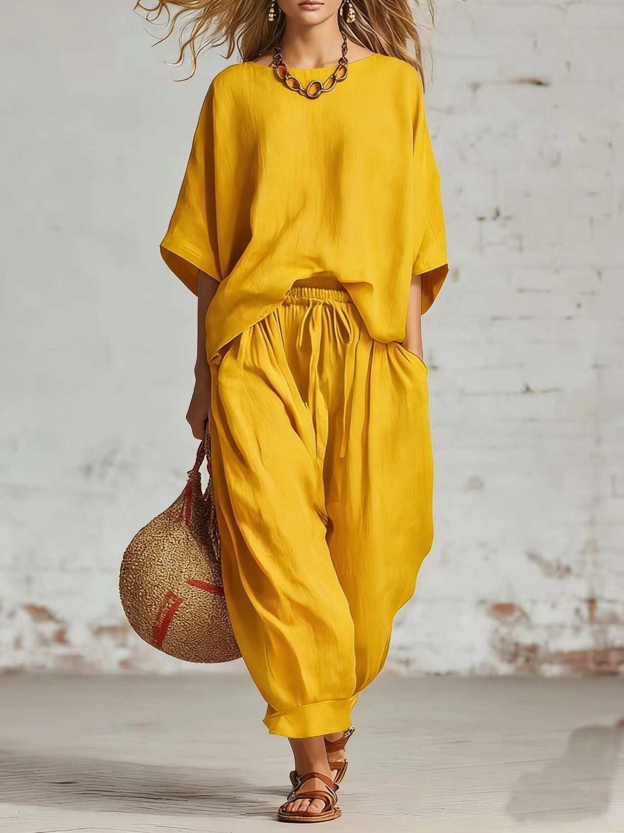 Women's Solid Color Relaxed Fit Two-Piece Casual Set