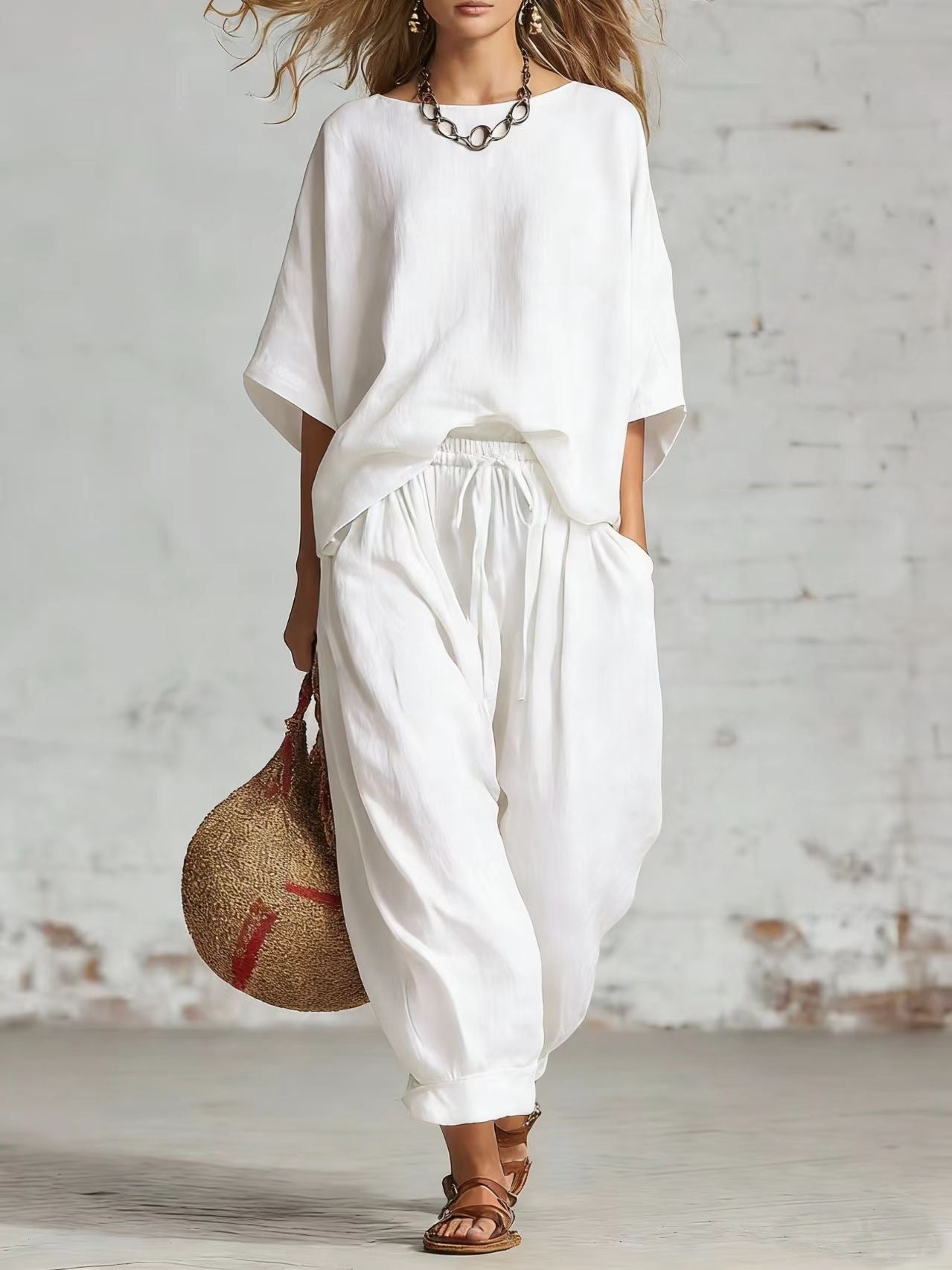 Women's Solid Color Relaxed Fit Two-Piece Casual Set