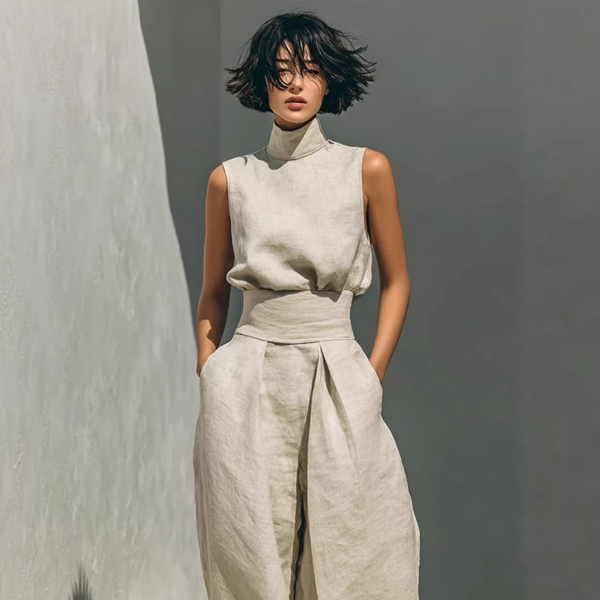 Women Cotton Linen Sleeveless Top and Wide Leg Pants Set