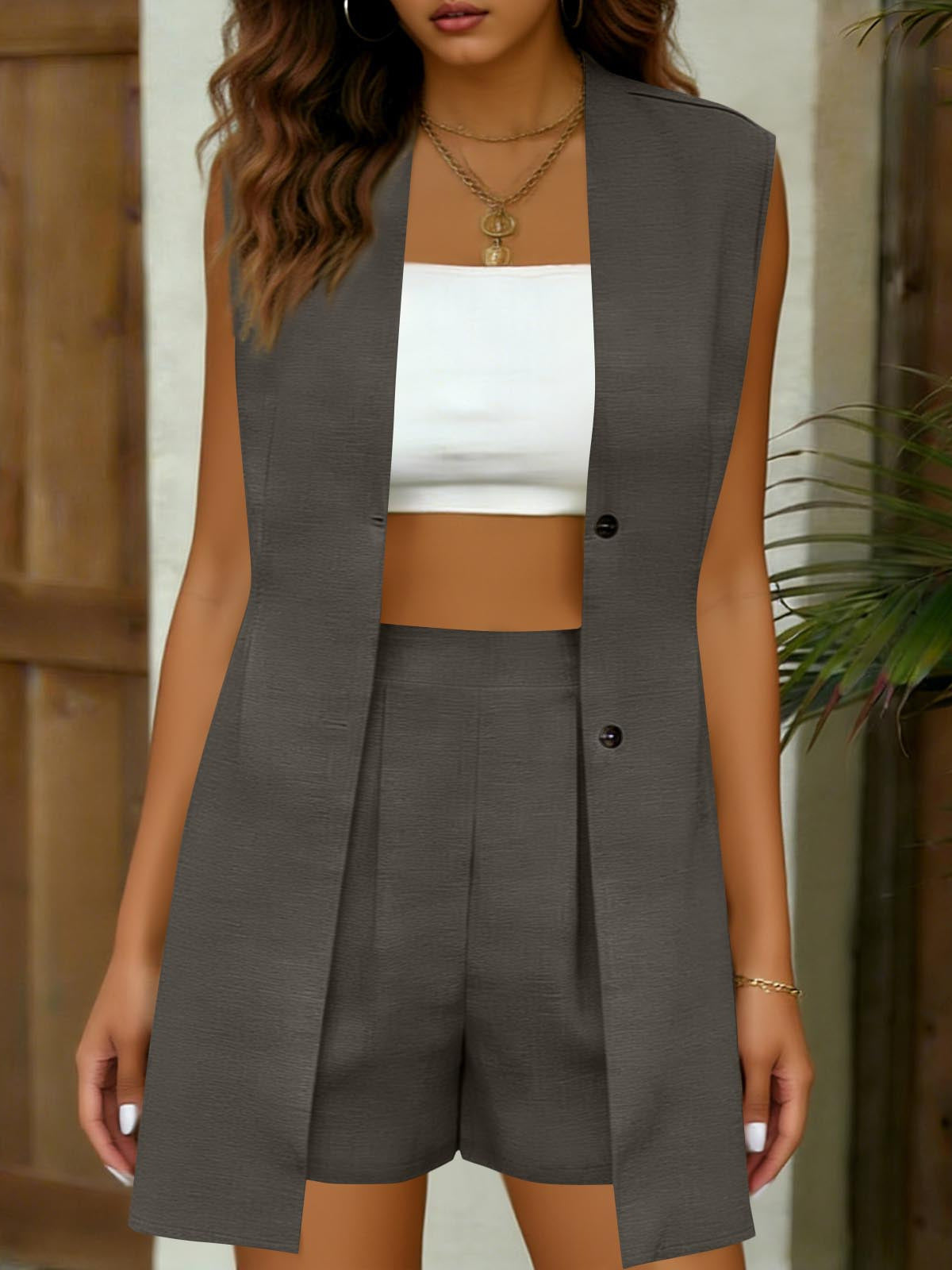 Chic Two Piece Set Women V-Neck Vest Top and Shorts Outfit