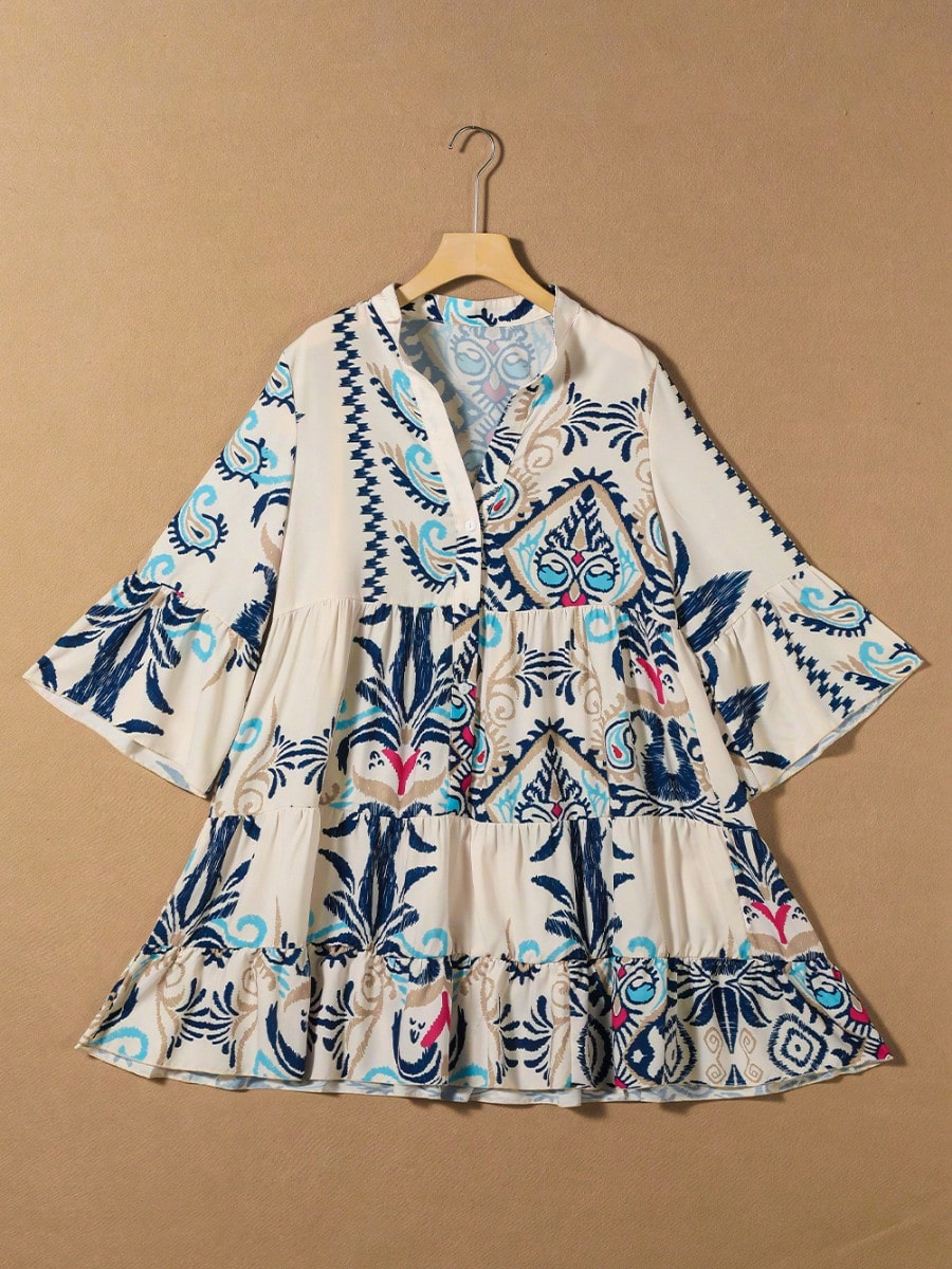 Scacto Summer Flared Sleeves Casual Women'S Loose Printed Mid-Length Stand Collar Shirt