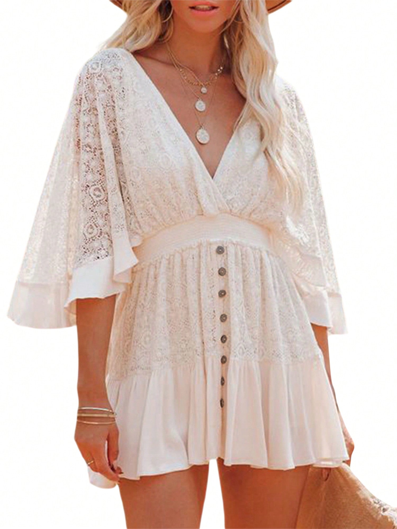 Women Boho Dress, Middle Flared Sleeves V-Neck Button Decoration Cake Beach Long Skirt