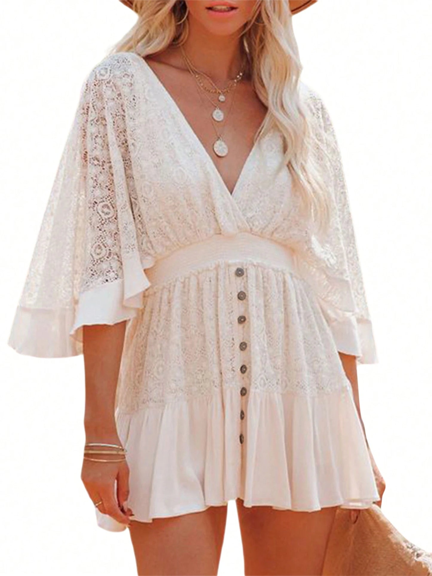 Women Boho Dress, Middle Flared Sleeves V-Neck Button Decoration Cake Beach Long Skirt