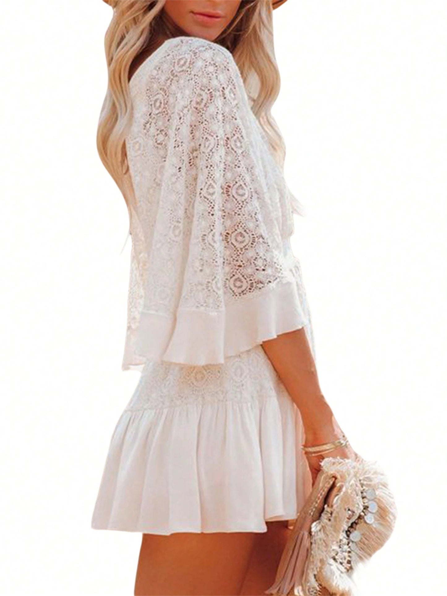 Women Boho Dress, Middle Flared Sleeves V-Neck Button Decoration Cake Beach Long Skirt