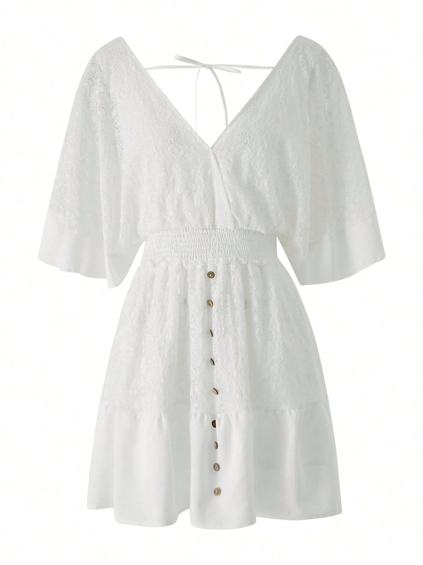 Women Boho Dress, Middle Flared Sleeves V-Neck Button Decoration Cake Beach Long Skirt