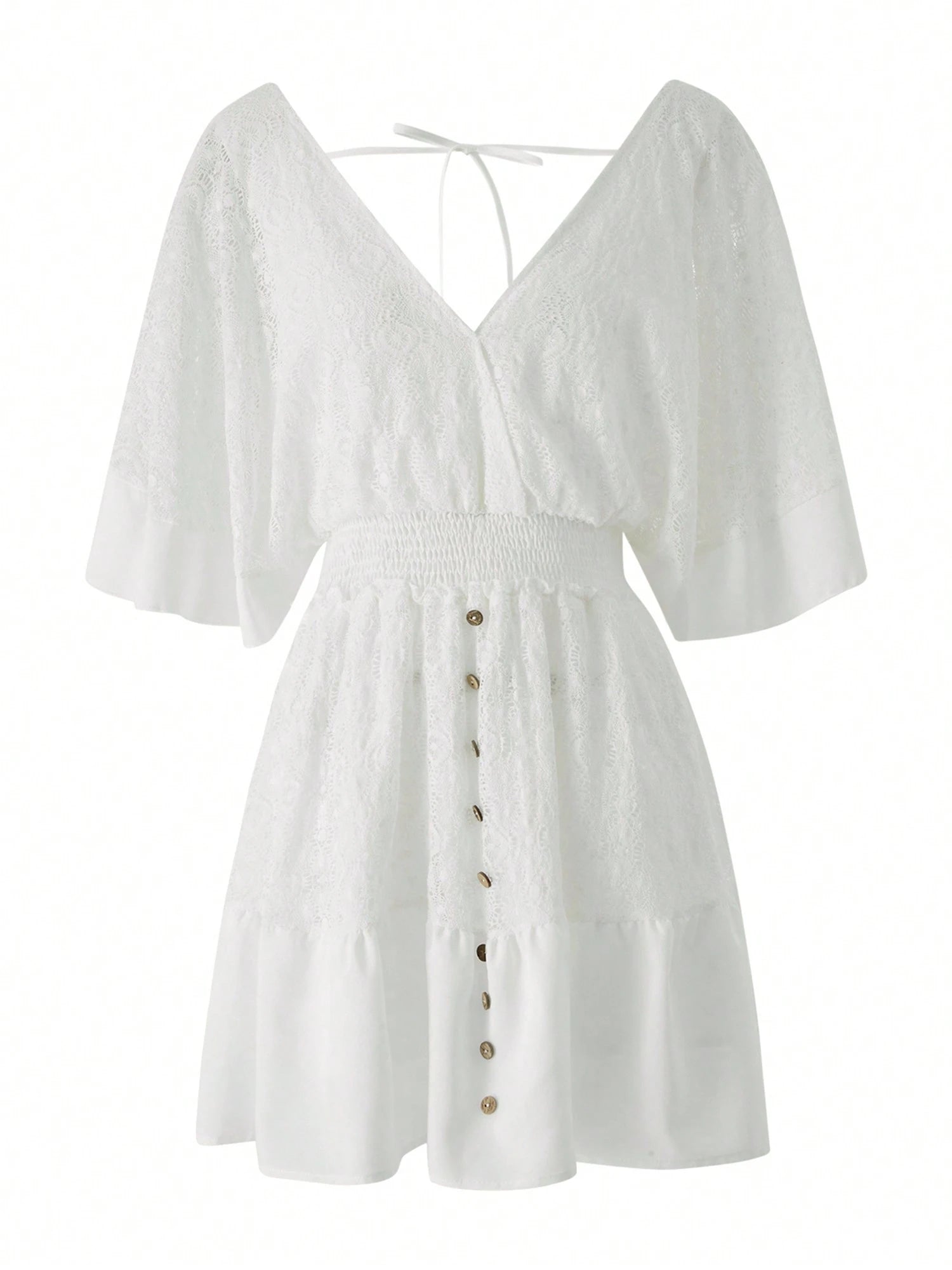 Women Boho Dress, Middle Flared Sleeves V-Neck Button Decoration Cake Beach Long Skirt