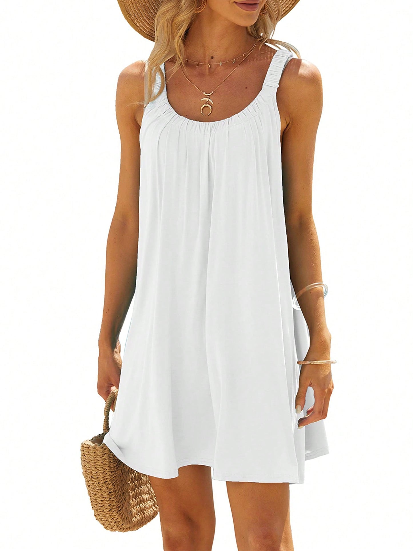 Women'S Summer Short Beach Dress Solid Color Sleeveless Backless U Neck Beachwear