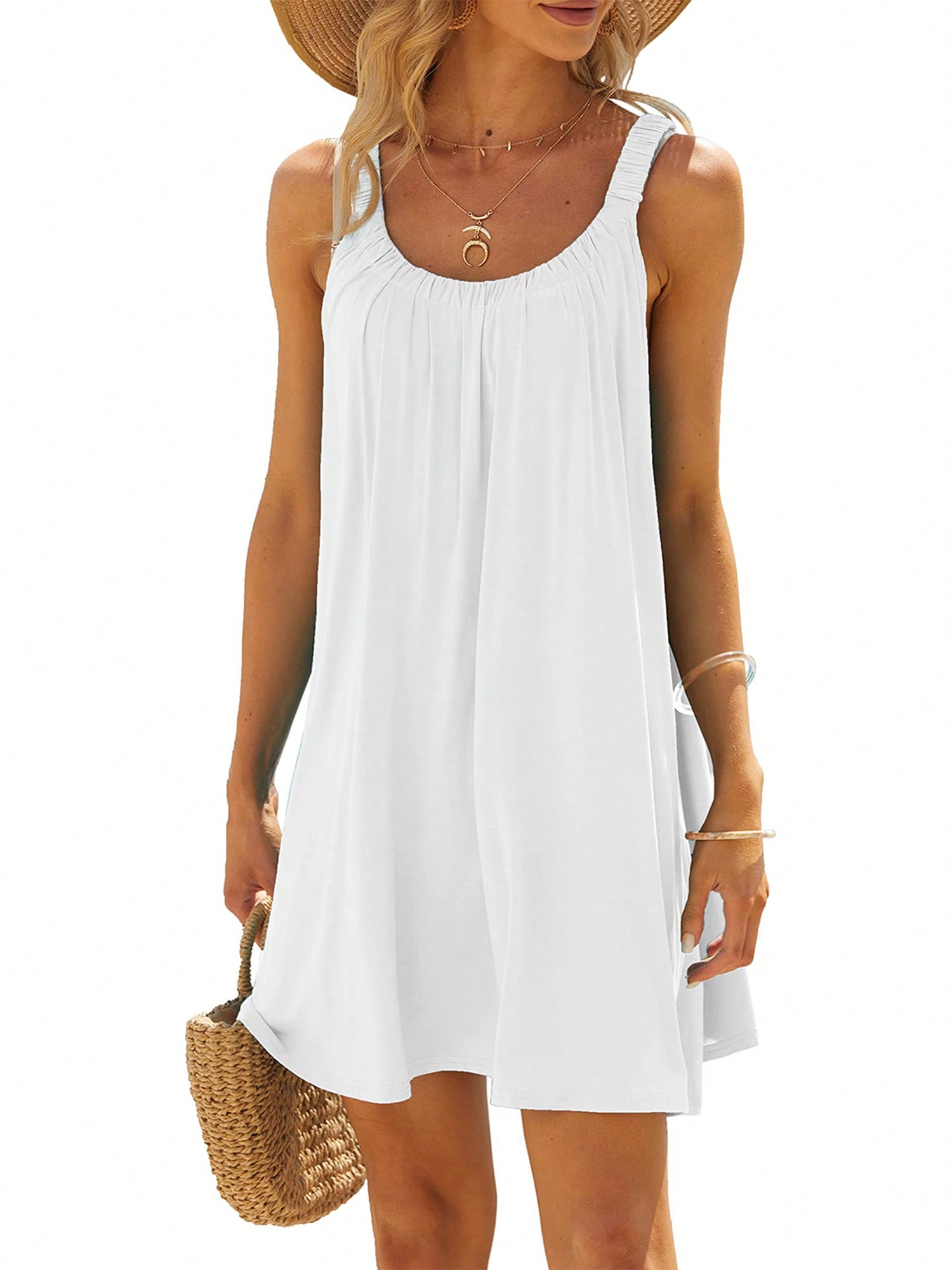 Women'S Summer Short Beach Dress Solid Color Sleeveless Backless U Neck Beachwear