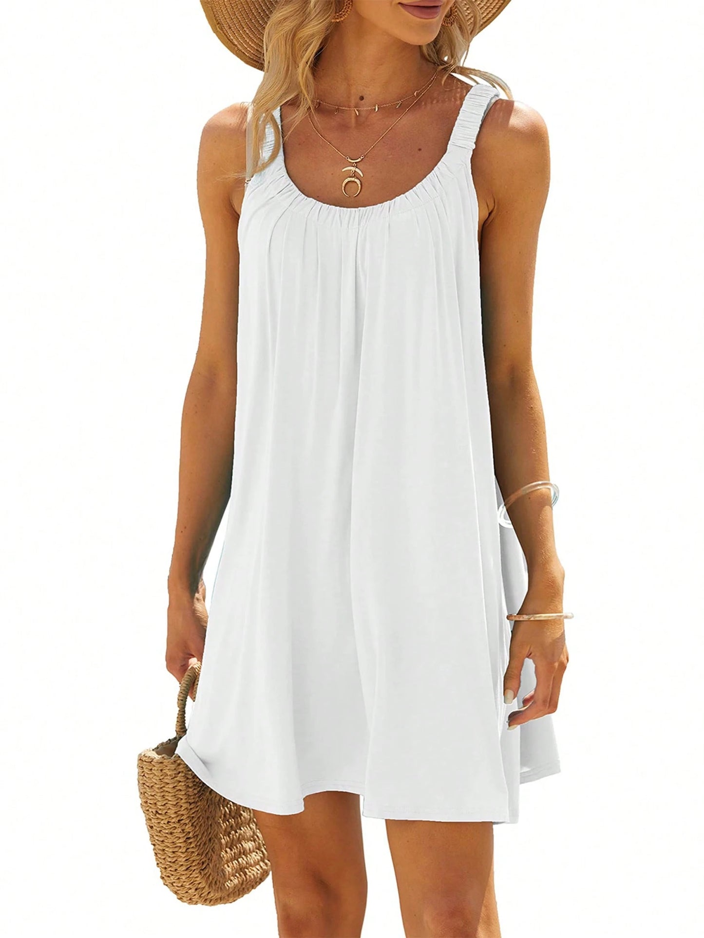 Women'S Summer Short Beach Dress Solid Color Sleeveless Backless U Neck Beachwear