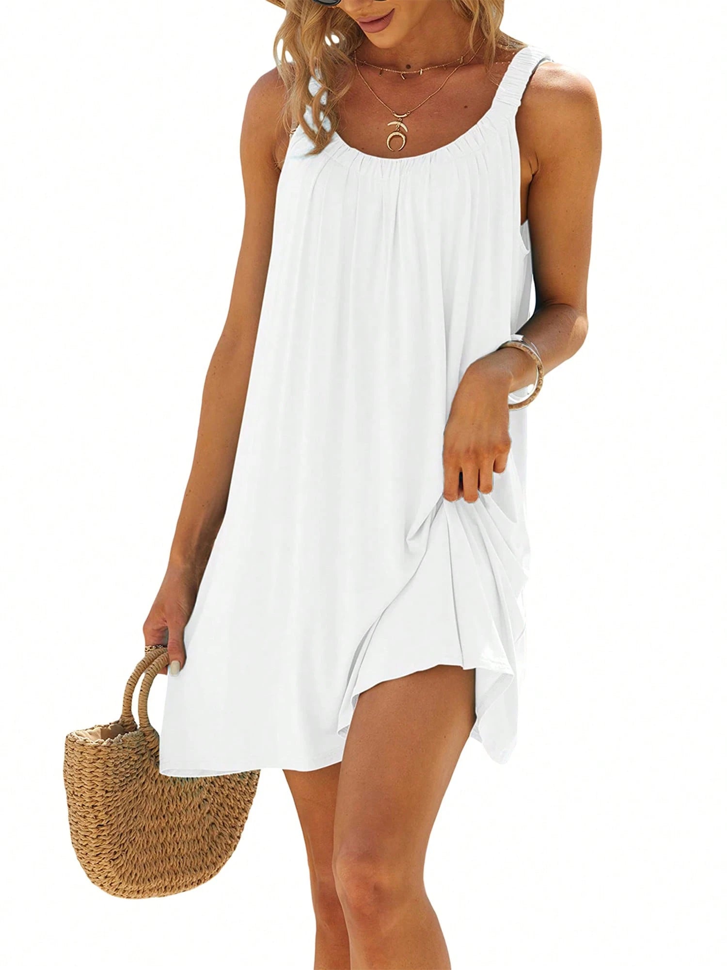 Women'S Summer Short Beach Dress Solid Color Sleeveless Backless U Neck Beachwear