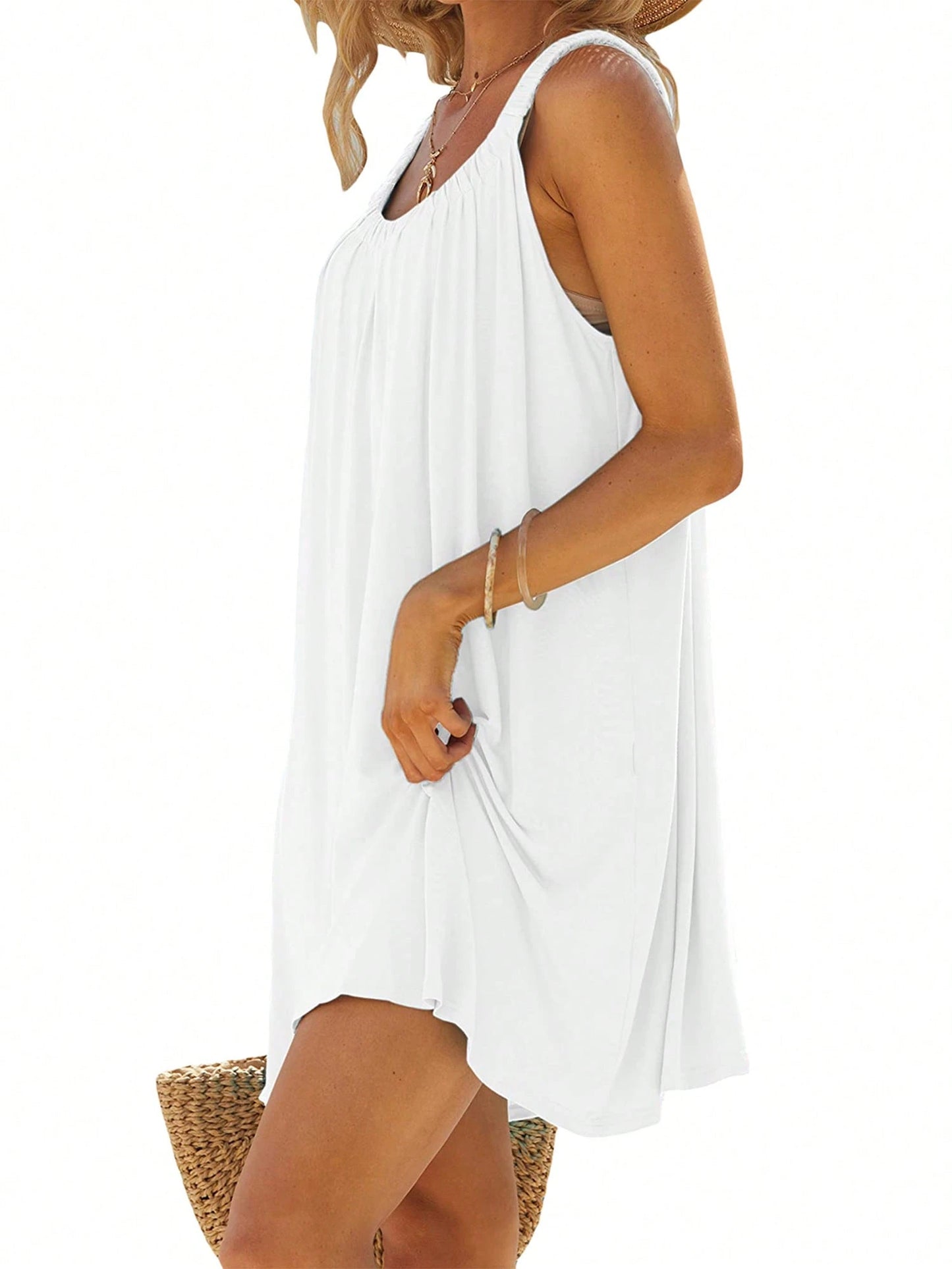 Women'S Summer Short Beach Dress Solid Color Sleeveless Backless U Neck Beachwear
