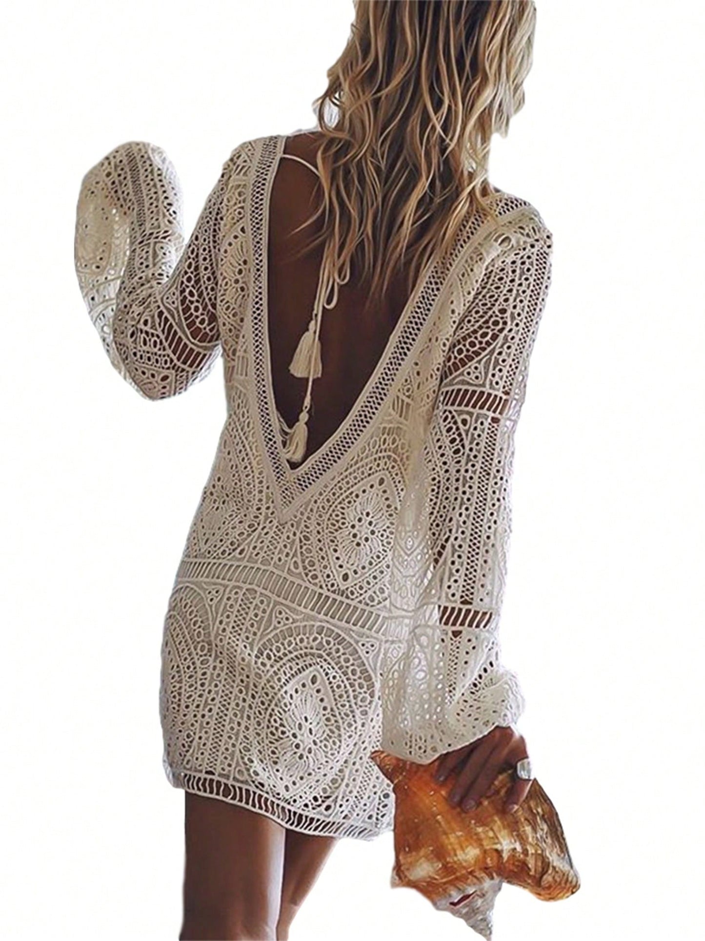 Women'S Solid Color Mini Dress, Long Lantern Sleeve Hollowed Lace Flower Deep V-Neck Backless Beach Dress