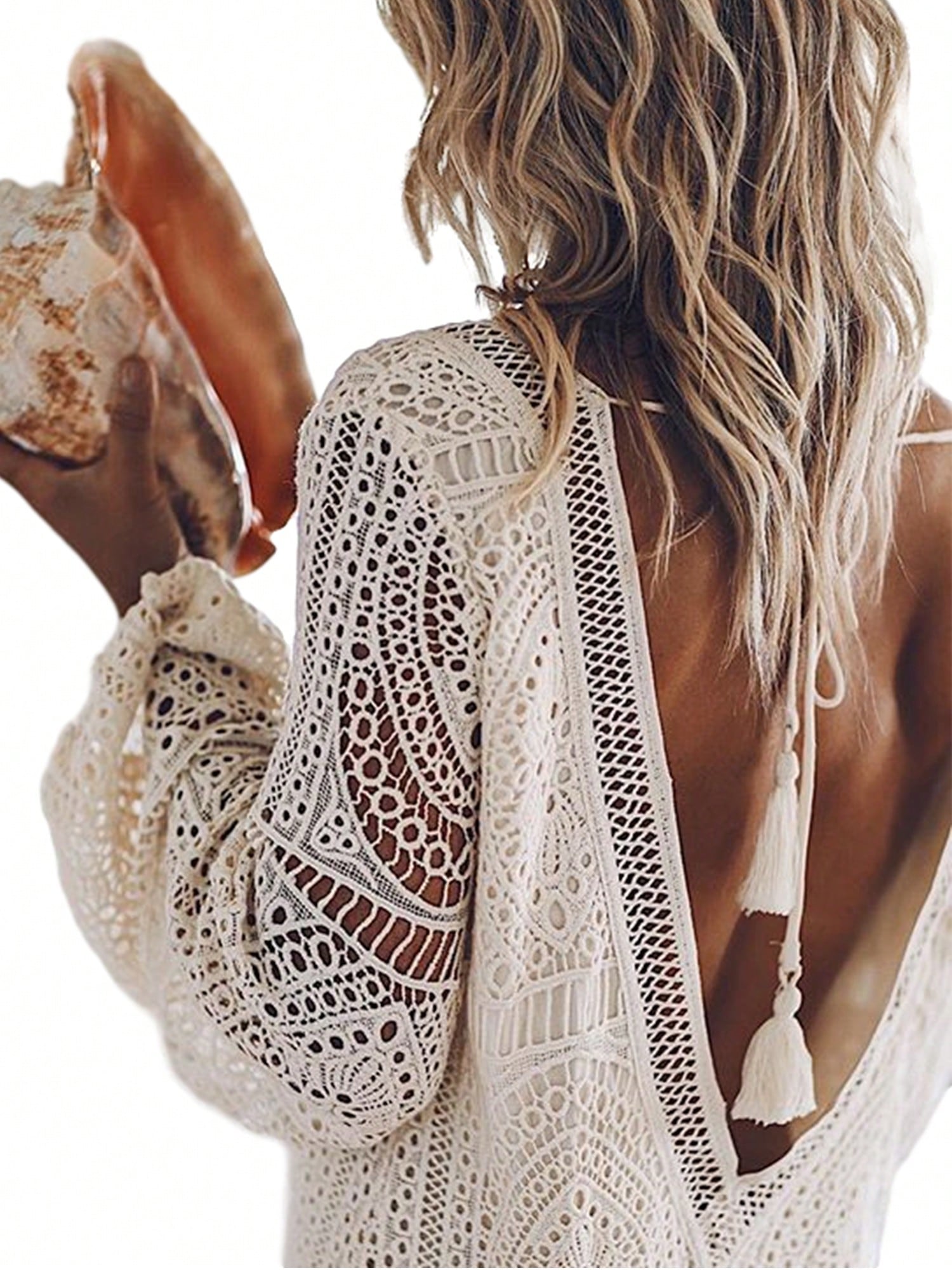 Women'S Solid Color Mini Dress, Long Lantern Sleeve Hollowed Lace Flower Deep V-Neck Backless Beach Dress