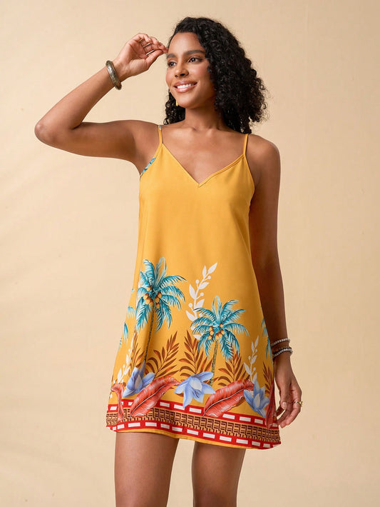 Travachic Summer Beach Woman Position Tropical Print Cami Dress