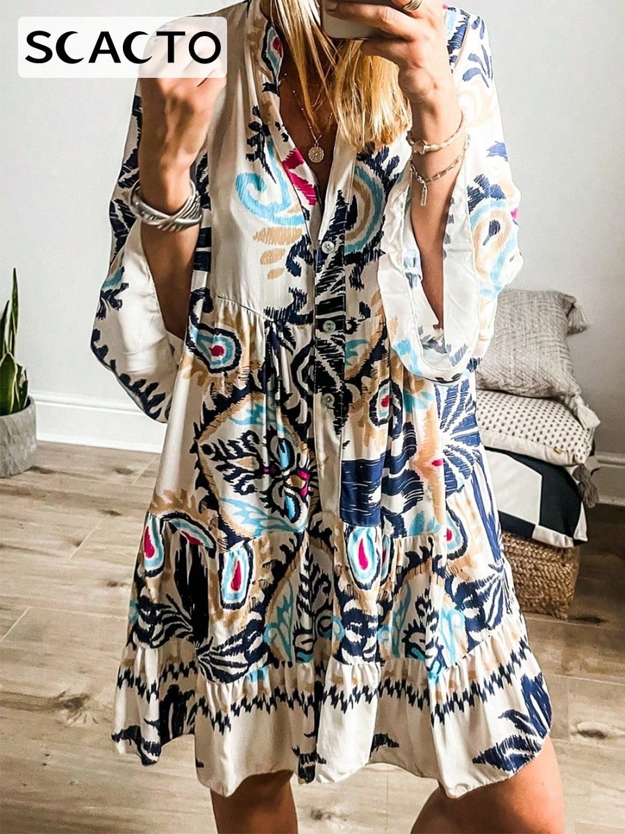 Scacto Summer Flared Sleeves Casual Women'S Loose Printed Mid-Length Stand Collar Shirt