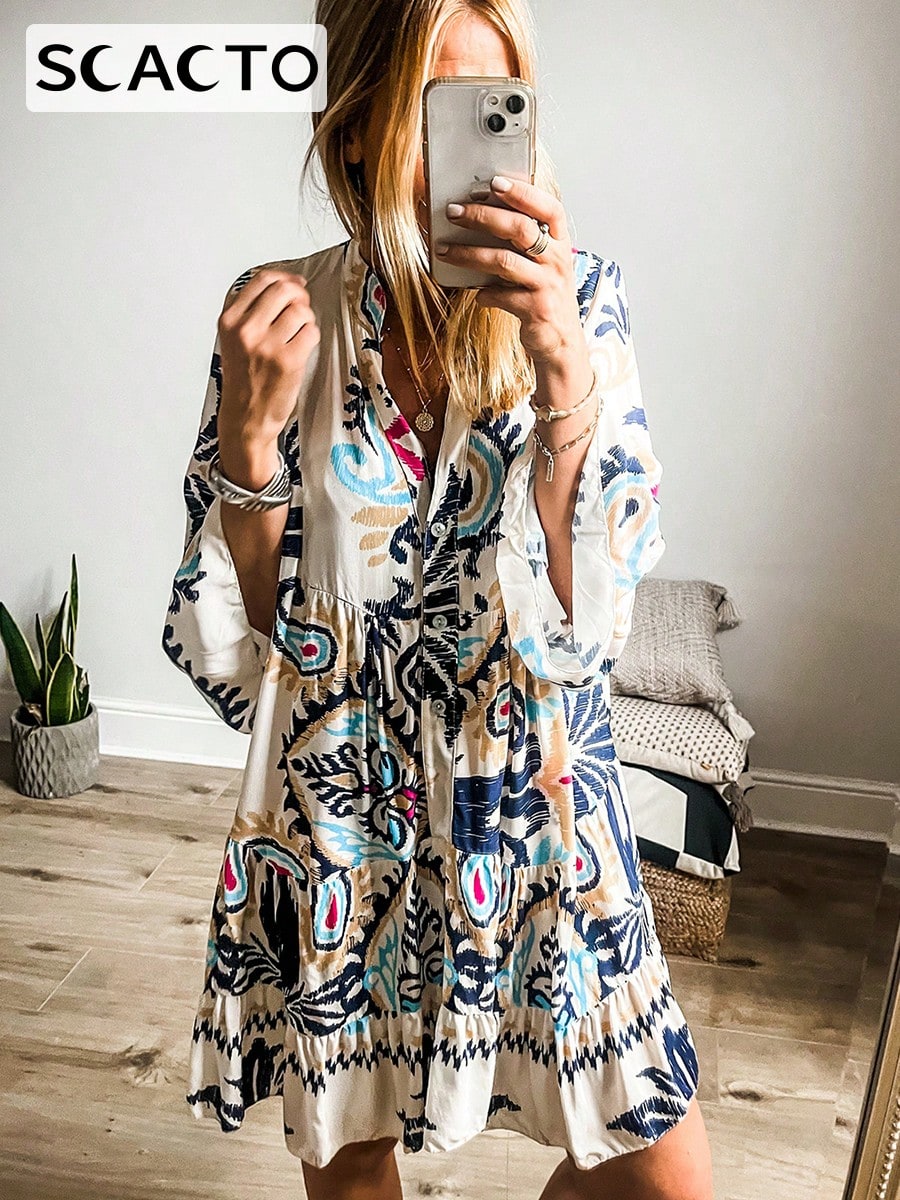 Scacto Summer Flared Sleeves Casual Women'S Loose Printed Mid-Length Stand Collar Shirt