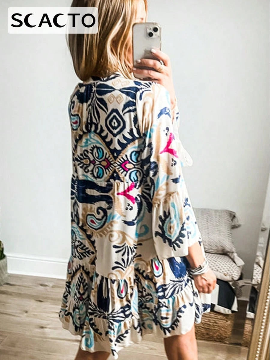 Scacto Summer Flared Sleeves Casual Women'S Loose Printed Mid-Length Stand Collar Shirt