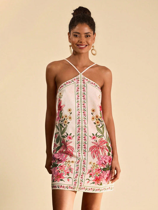 Travachic Flower Print Backless Halter Mini Dress, Casual Resort Style, Bohemian Clothes